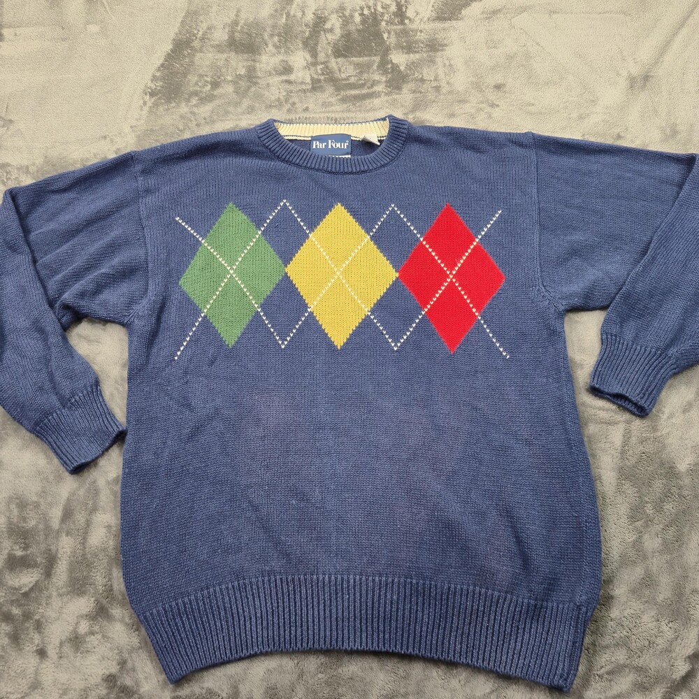 Par Four Sweater Mens XL Blue Argyle Crewneck Hand Loomed Ramie Cotton Golf